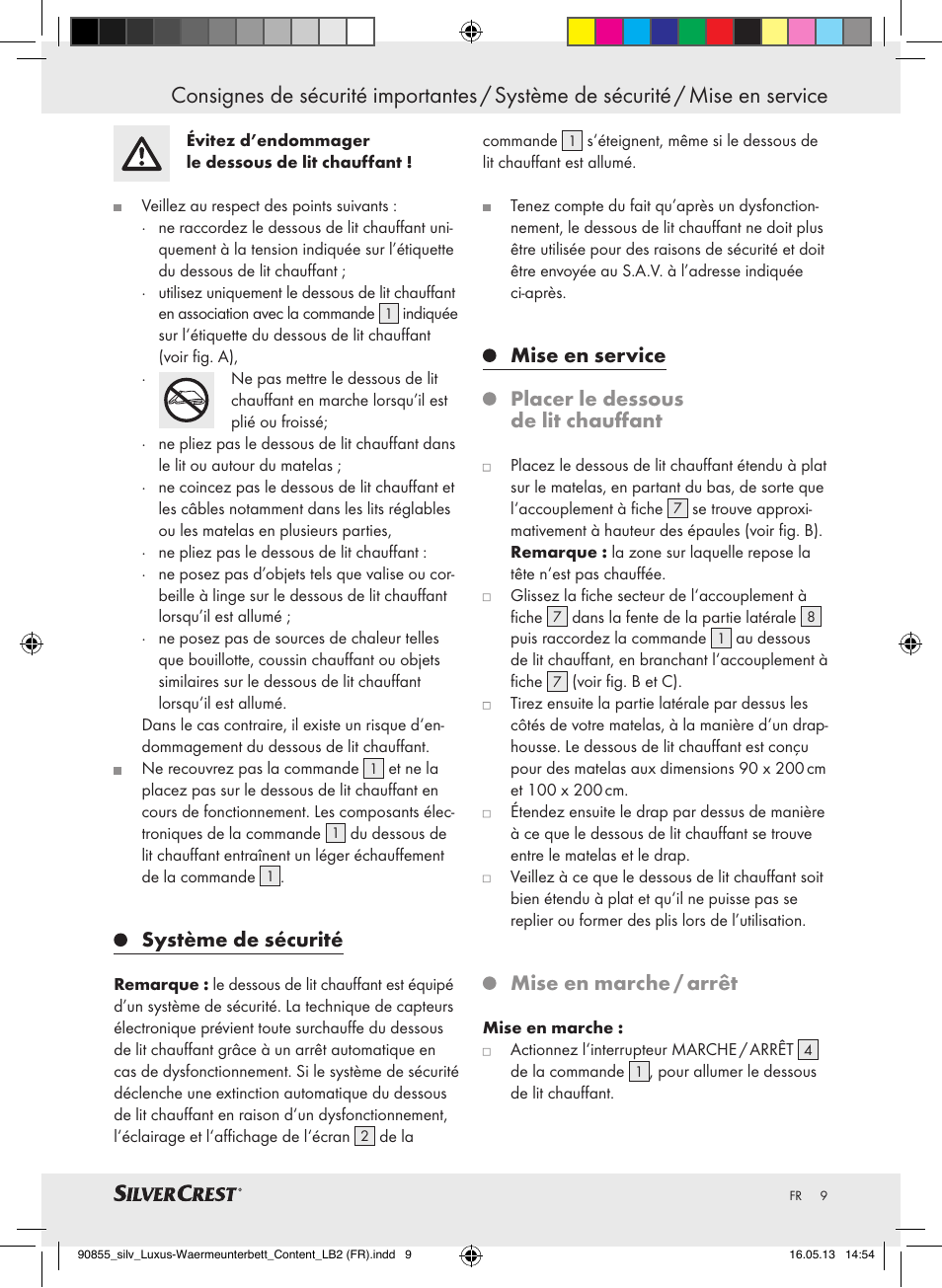 Système de sécurité, Mise en service placer le dessous de lit chauffant, Mise en marche / arrêt | Silvercrest SLUB 85 A1 User Manual | Page 9 / 29