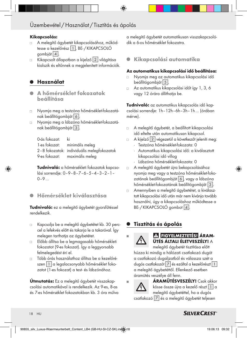Üzembevétel / használat / tisztítás és ápolás, Használat a hőmérséklet fokozatok beállítása, Hőmérséklet kiválasztása | Kikapcsolási automatika, Tisztítás és ápolás | Silvercrest SLUB 85 A1 User Manual | Page 18 / 57