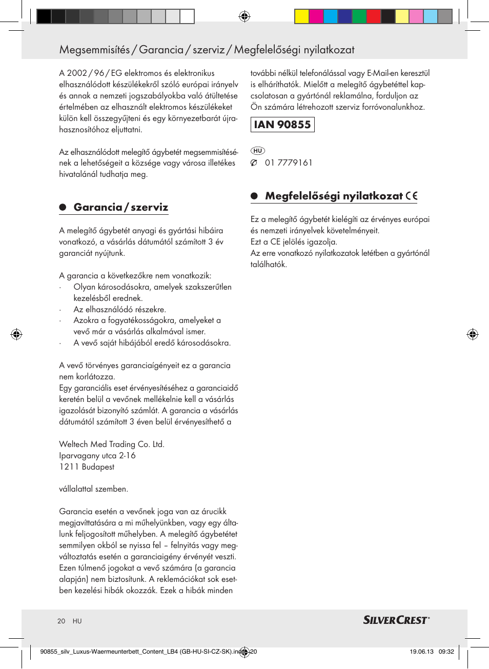 Garancia / szerviz, Megfelelőségi nyilatkozat | Silvercrest SLUB 85 A1 User Manual | Page 20 / 57