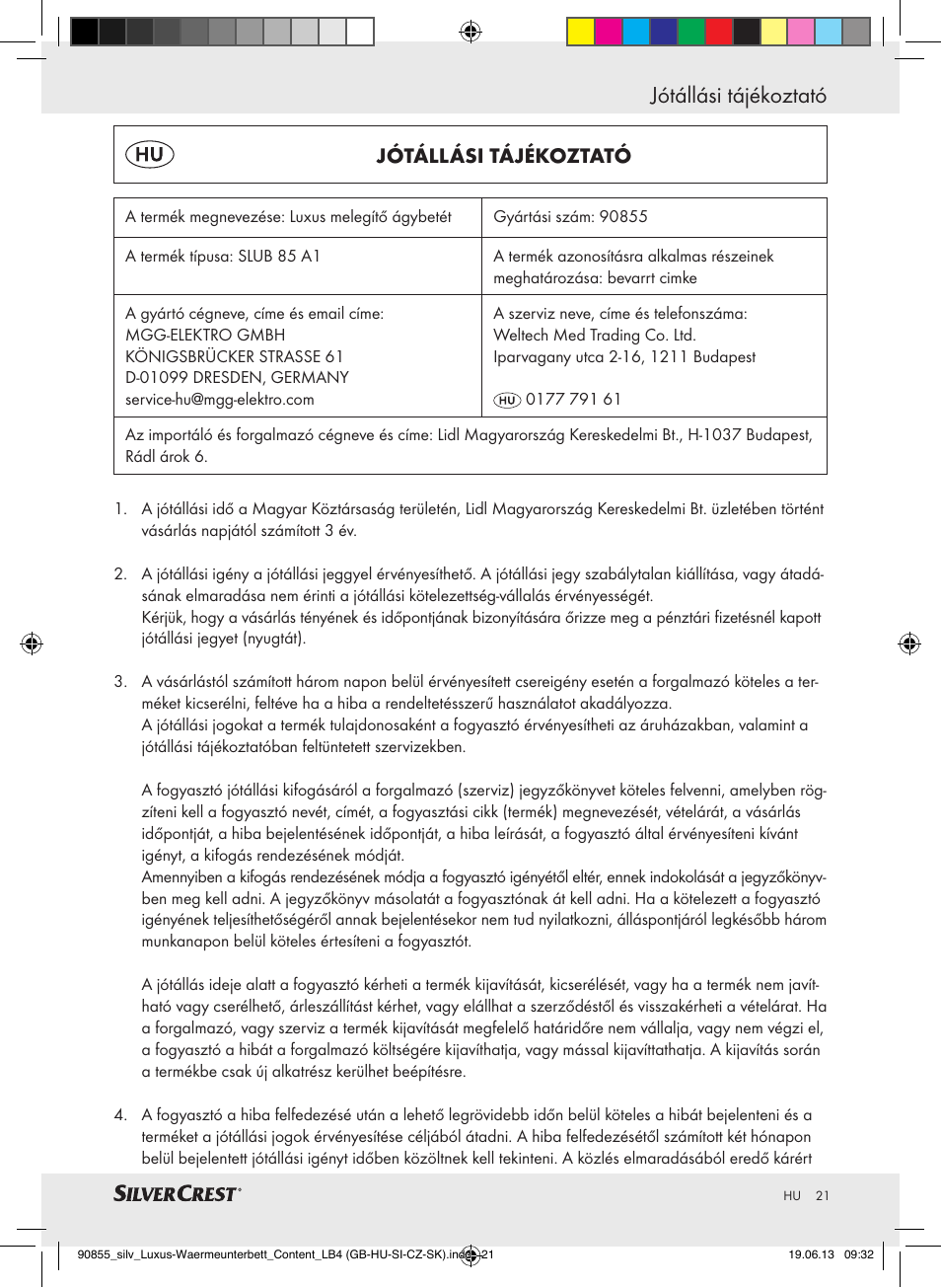 Jótállási tájékoztató | Silvercrest SLUB 85 A1 User Manual | Page 21 / 57