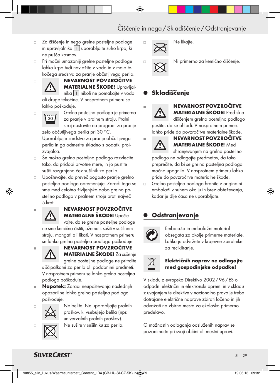 Čiščenje in nega / skladiščenje / odstranjevanje, Skladiščenje, Odstranjevanje | Silvercrest SLUB 85 A1 User Manual | Page 29 / 57
