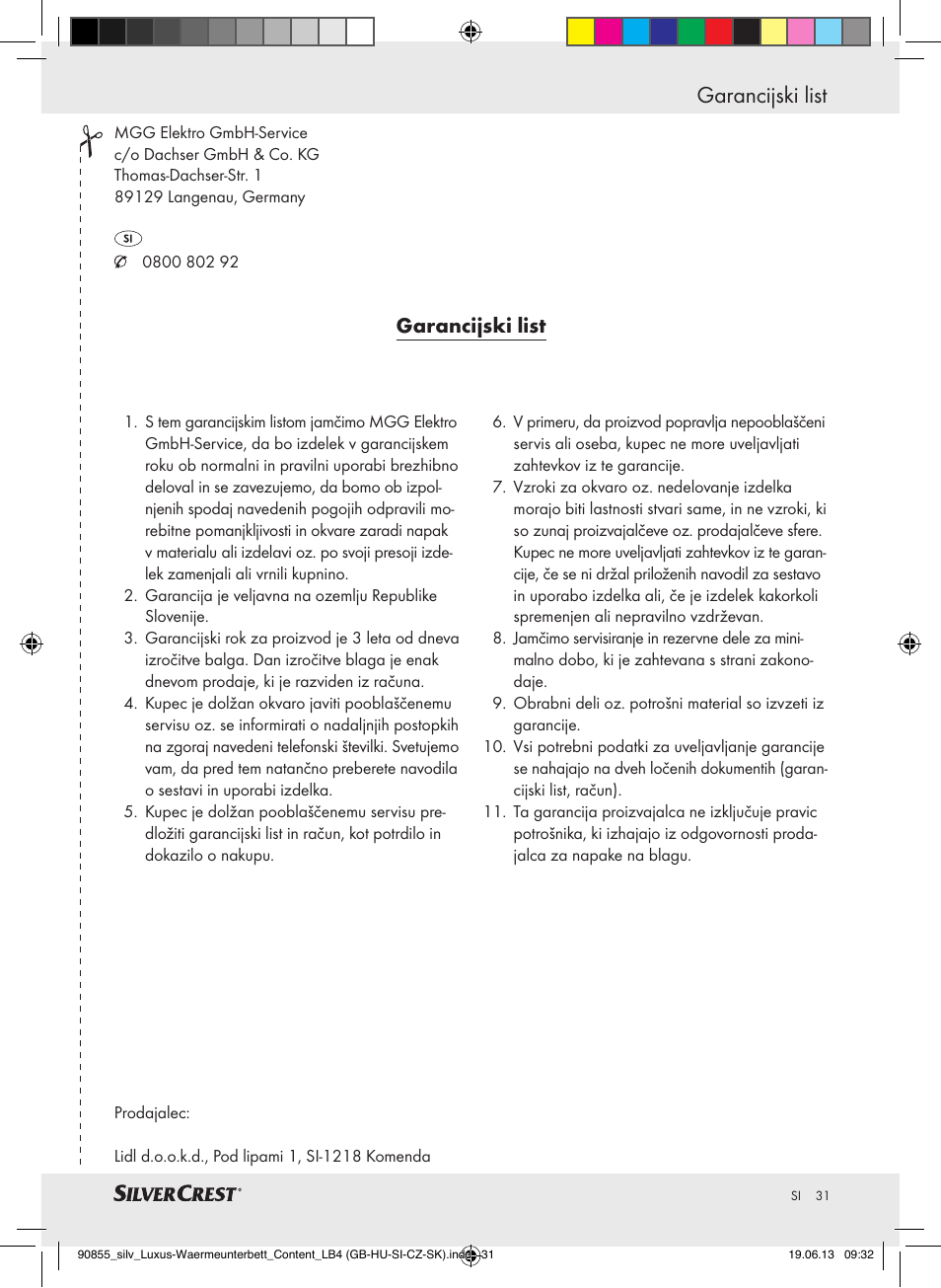 Garancijski list | Silvercrest SLUB 85 A1 User Manual | Page 31 / 57