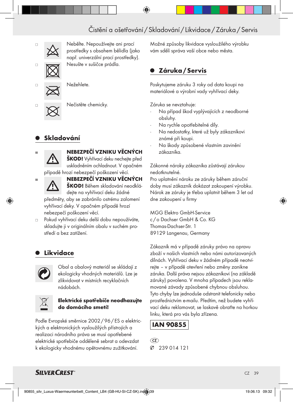 Skladování, Likvidace, Záruka / servis | Silvercrest SLUB 85 A1 User Manual | Page 39 / 57