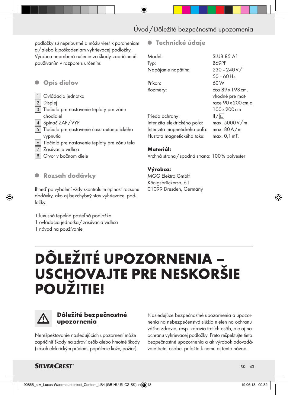 Úvod / dôležité bezpečnostné upozornenia | Silvercrest SLUB 85 A1 User Manual | Page 43 / 57