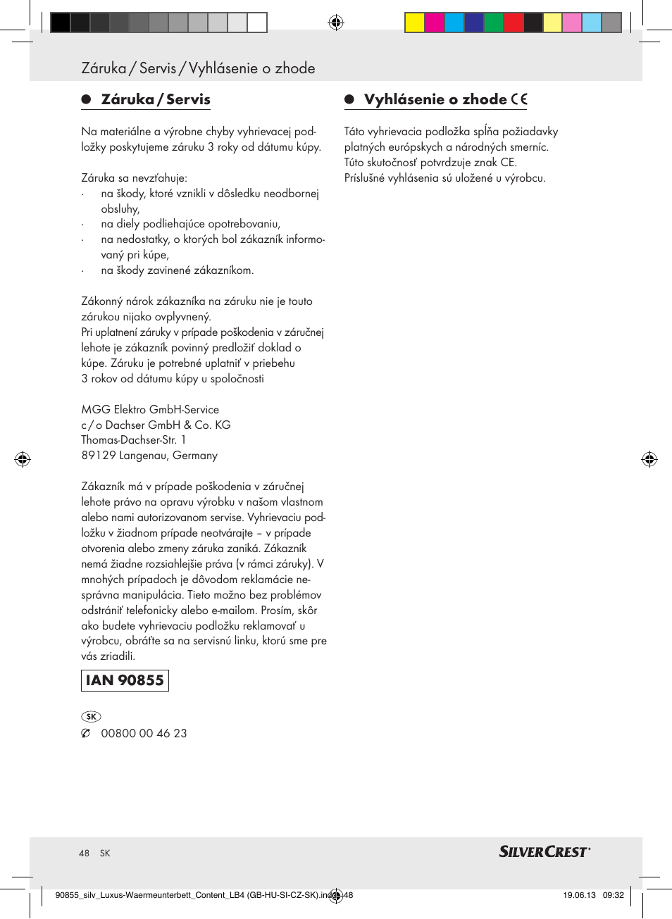 Záruka / servis / vyhlásenie o zhode, Záruka / servis, Vyhlásenie o zhode | Silvercrest SLUB 85 A1 User Manual | Page 48 / 57