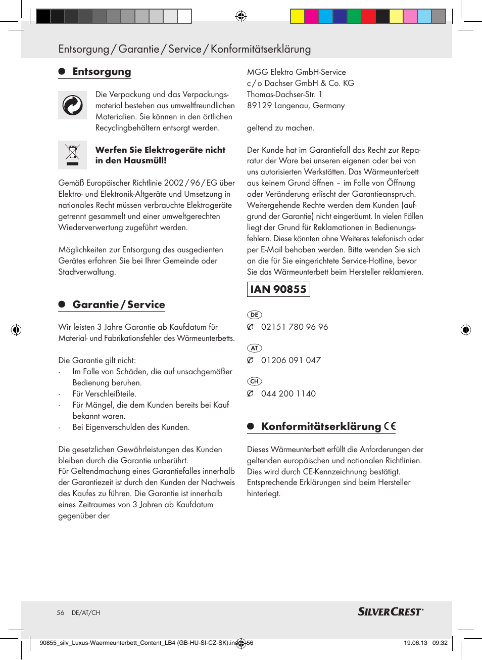 Entsorgung, Garantie / service, Konformitätserklärung | Silvercrest SLUB 85 A1 User Manual | Page 56 / 57
