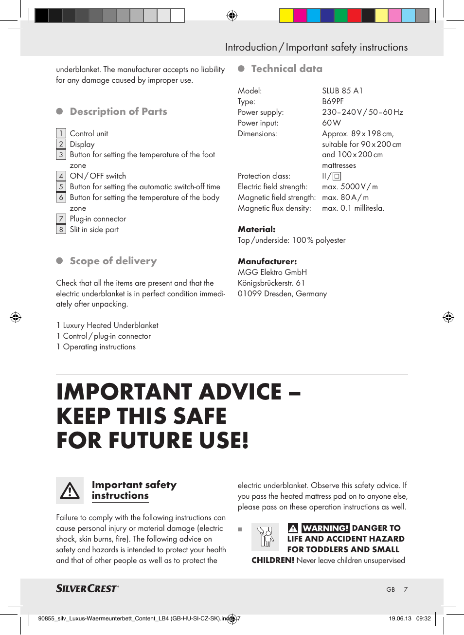 Important advice – keep this safe for future use, Introduction / important safety instructions | Silvercrest SLUB 85 A1 User Manual | Page 7 / 57