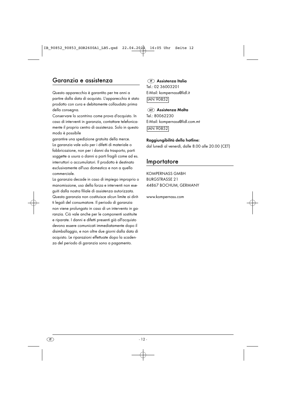 Garanzia e assistenza, Importatore | Silvercrest SOR 2600 A1 User Manual | Page 15 / 28