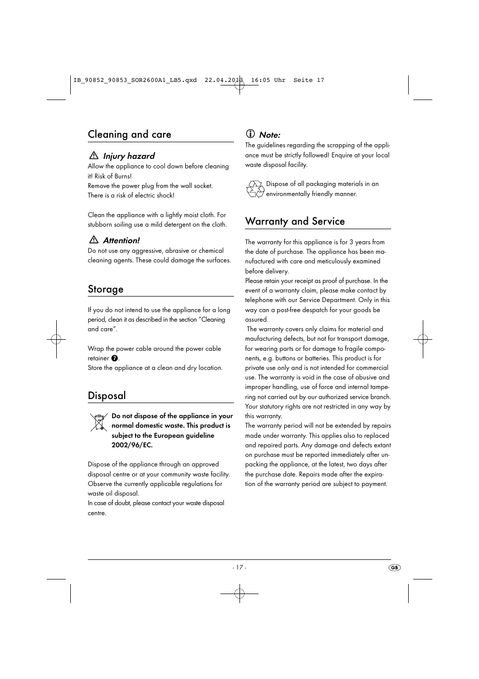 Cleaning and care, Storage, Disposal | Warranty and service | Silvercrest SOR 2600 A1 User Manual | Page 20 / 28