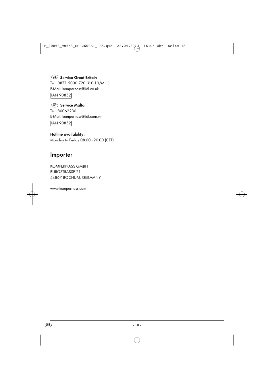 Importer | Silvercrest SOR 2600 A1 User Manual | Page 21 / 28