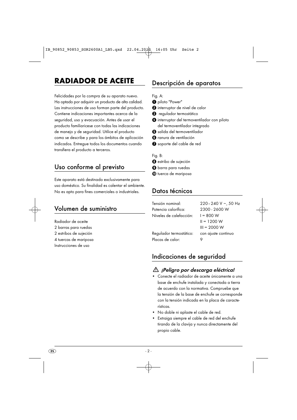 Radiador de aceite, Uso conforme al previsto, Volumen de suministro | Descripción de aparatos, Datos técnicos, Indicaciones de seguridad | Silvercrest SOR 2600 A1 User Manual | Page 5 / 28