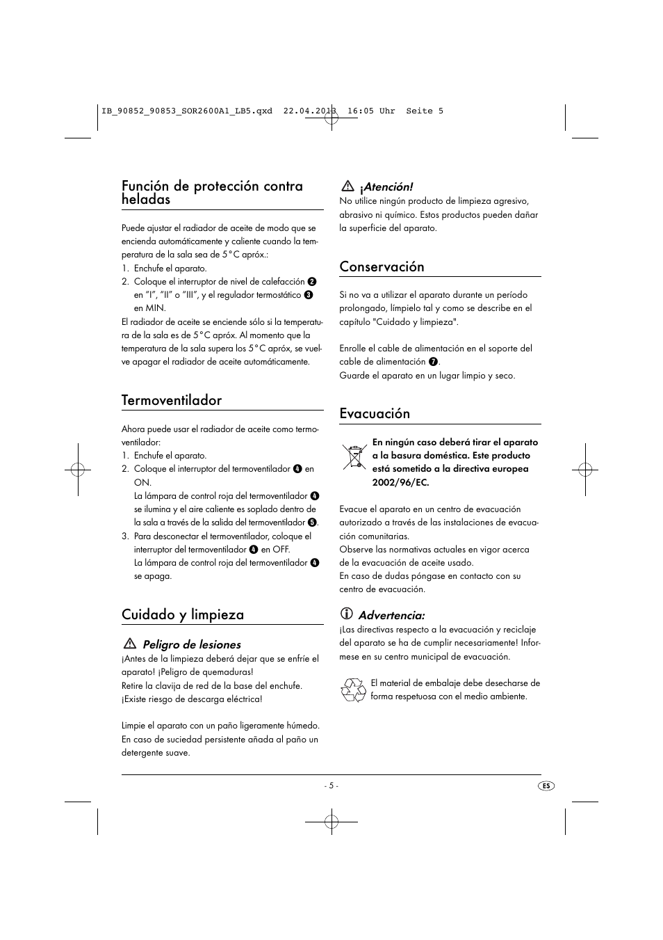 Función de protección contra heladas, Termoventilador, Cuidado y limpieza | Conservación, Evacuación | Silvercrest SOR 2600 A1 User Manual | Page 8 / 28