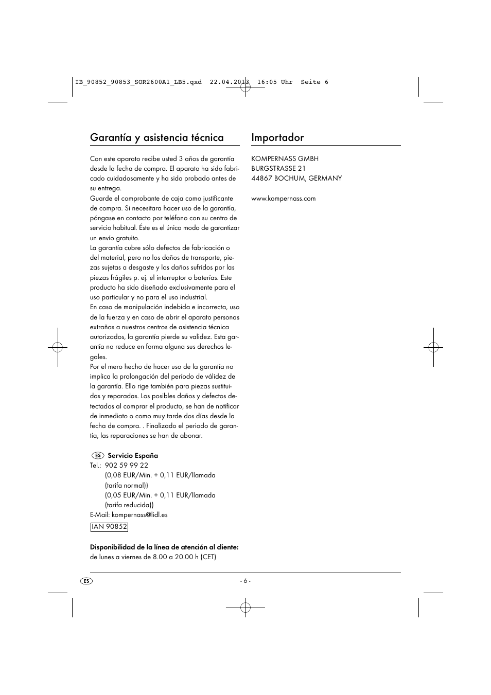Garantía y asistencia técnica, Importador | Silvercrest SOR 2600 A1 User Manual | Page 9 / 28