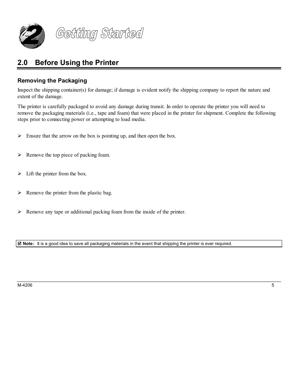 Getting started, 0 before using the printer | Datamax M-Class Mark II M-4206 User Manual | Page 11 / 76