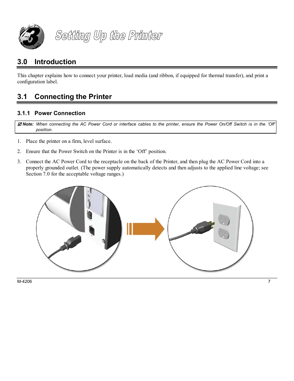 Setting up the printer, 0 introduction, 1 connecting the printer | 1 power connection | Datamax M-Class Mark II M-4206 User Manual | Page 13 / 76