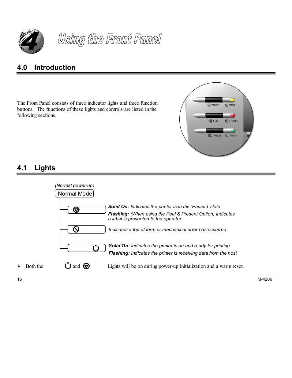Using the front panel, 0 introduction, 1 lights | Datamax M-Class Mark II M-4206 User Manual | Page 22 / 76