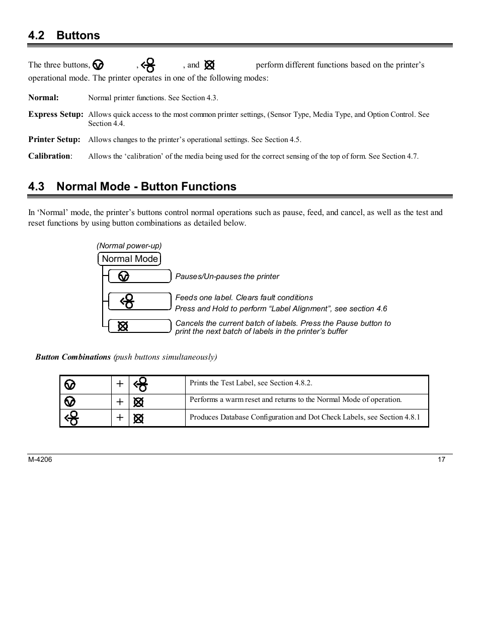 2 buttons, 3 normal mode - button functions | Datamax M-Class Mark II M-4206 User Manual | Page 23 / 76