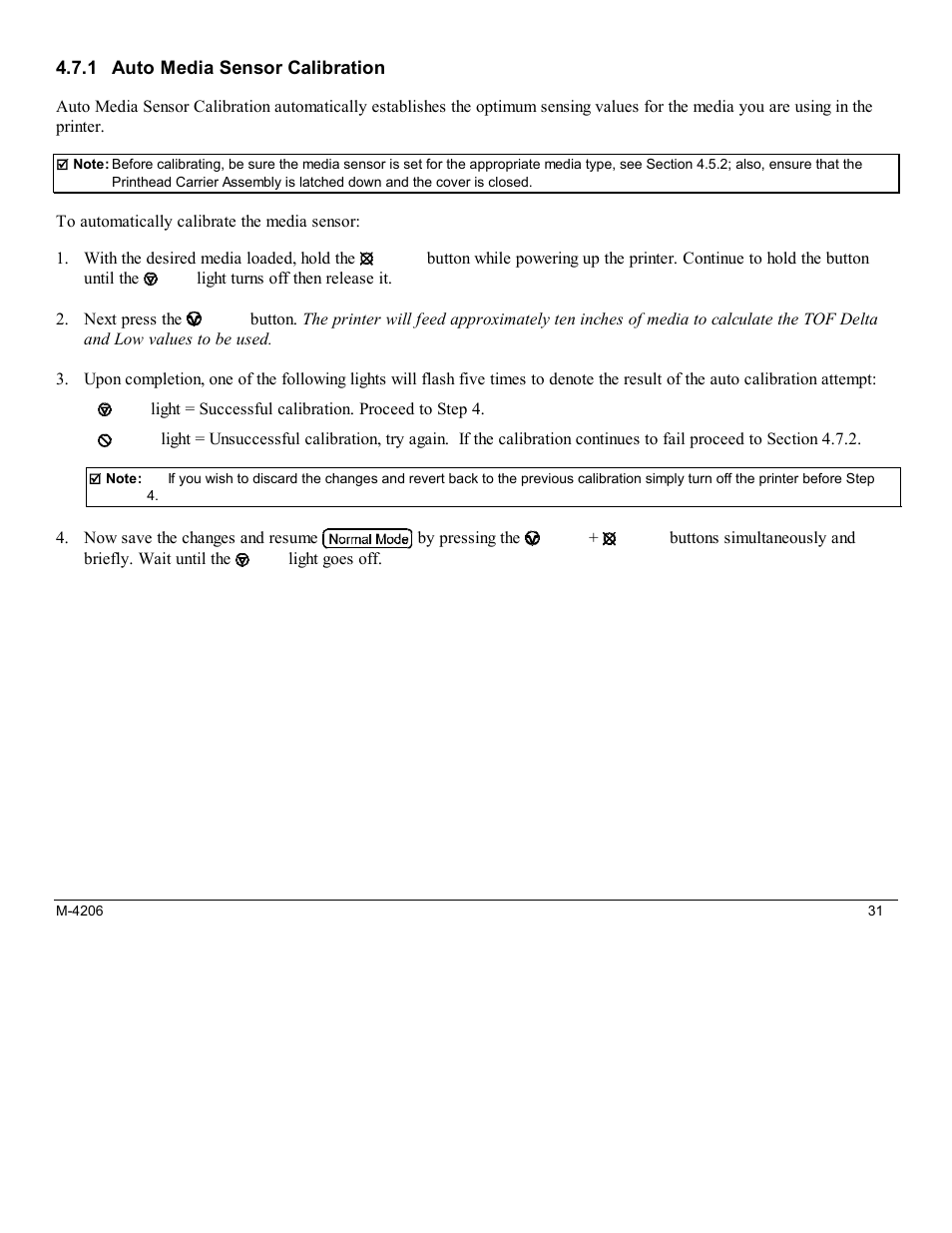 1 auto media sensor calibration | Datamax M-Class Mark II M-4206 User Manual | Page 37 / 76