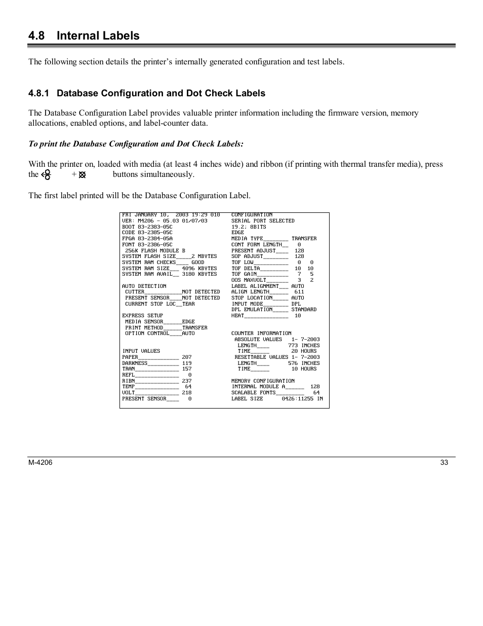 8 internal labels, 1 database configuration and dot check labels, Buttons simultaneously | Datamax M-Class Mark II M-4206 User Manual | Page 39 / 76