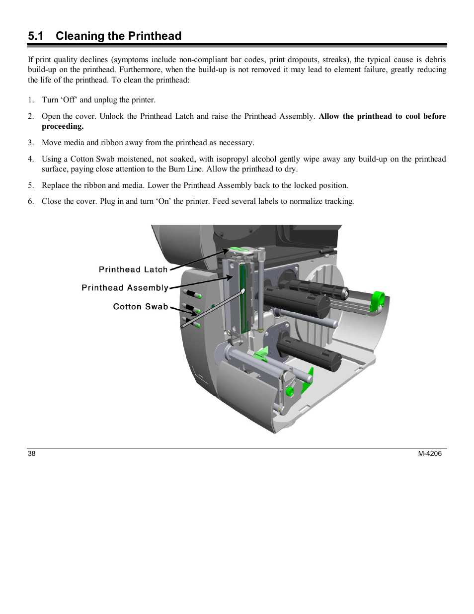 1 cleaning the printhead | Datamax M-Class Mark II M-4206 User Manual | Page 44 / 76