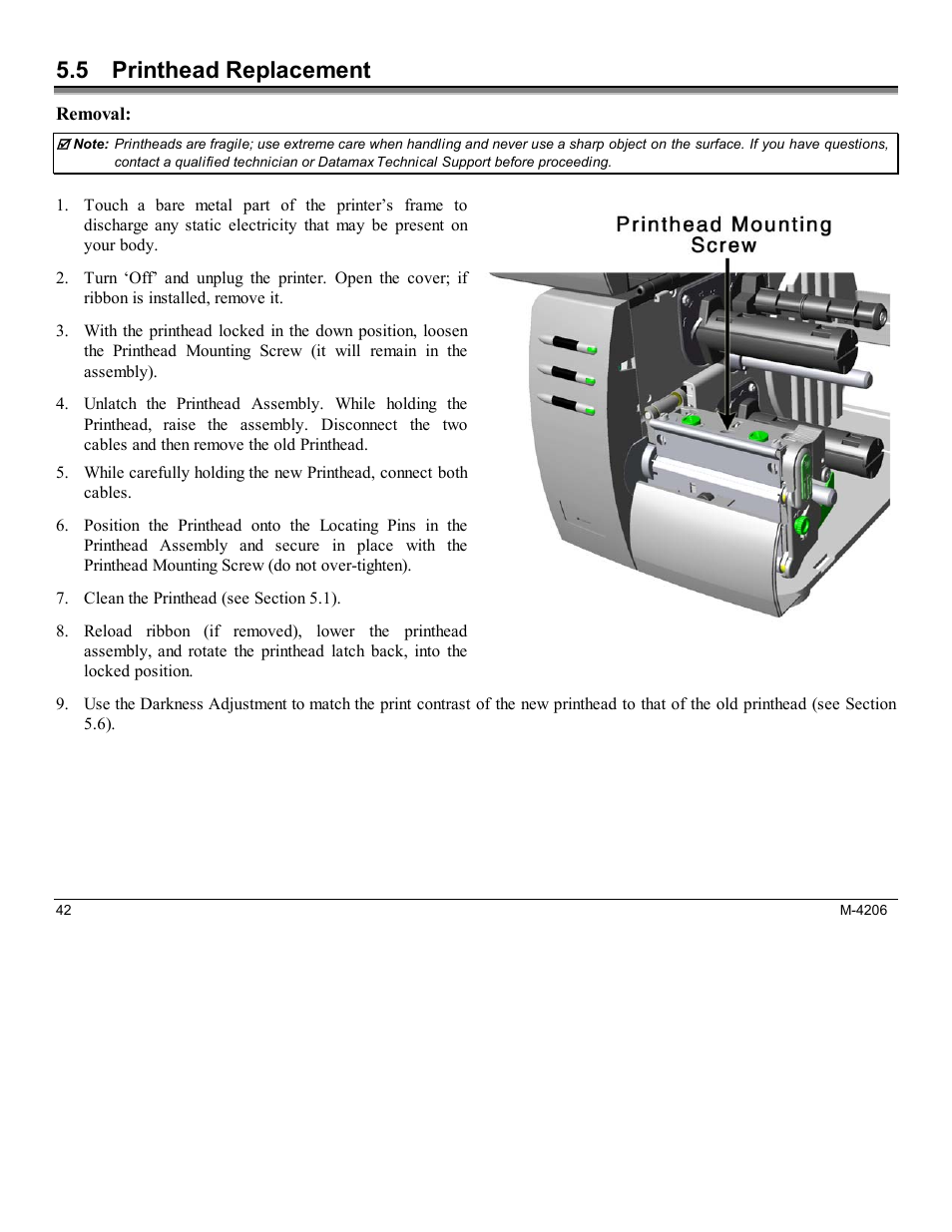 5 printhead replacement | Datamax M-Class Mark II M-4206 User Manual | Page 48 / 76