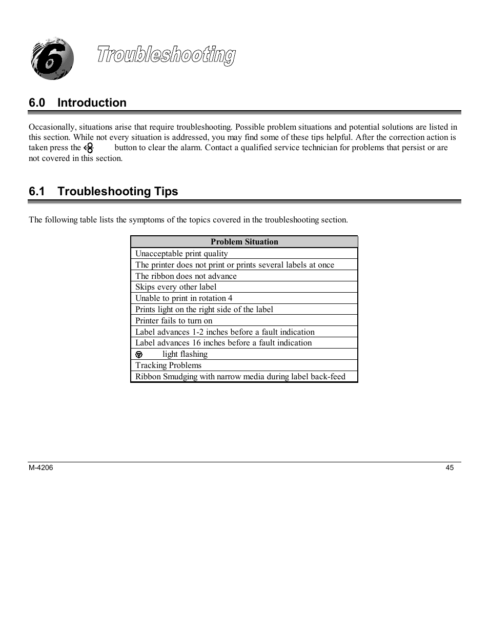 Troubleshooting, 0 introduction, 1 troubleshooting tips | Datamax M-Class Mark II M-4206 User Manual | Page 51 / 76