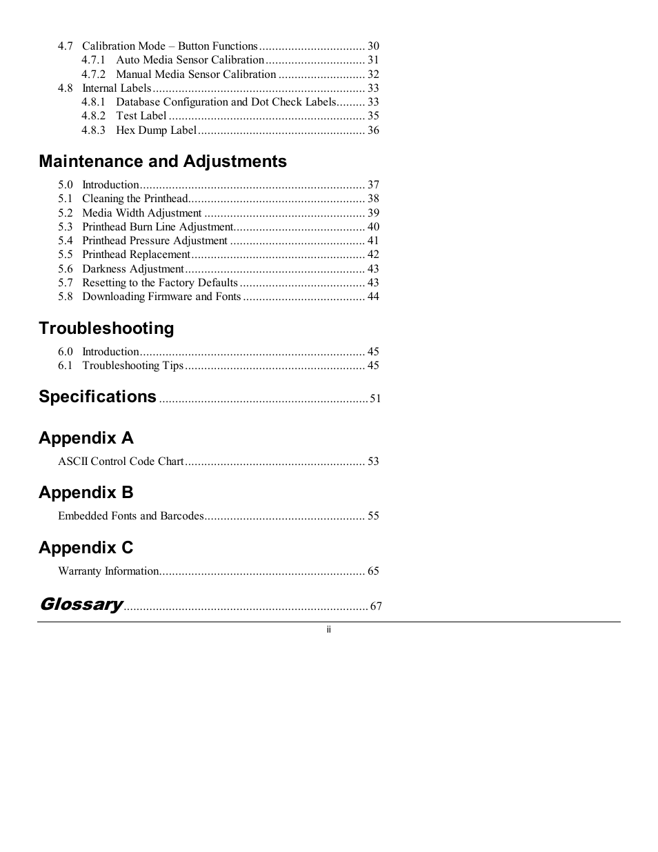 Glossary, Maintenance and adjustments, Troubleshooting | Specifications, Appendix a, Appendix b, Appendix c | Datamax M-Class Mark II M-4206 User Manual | Page 6 / 76