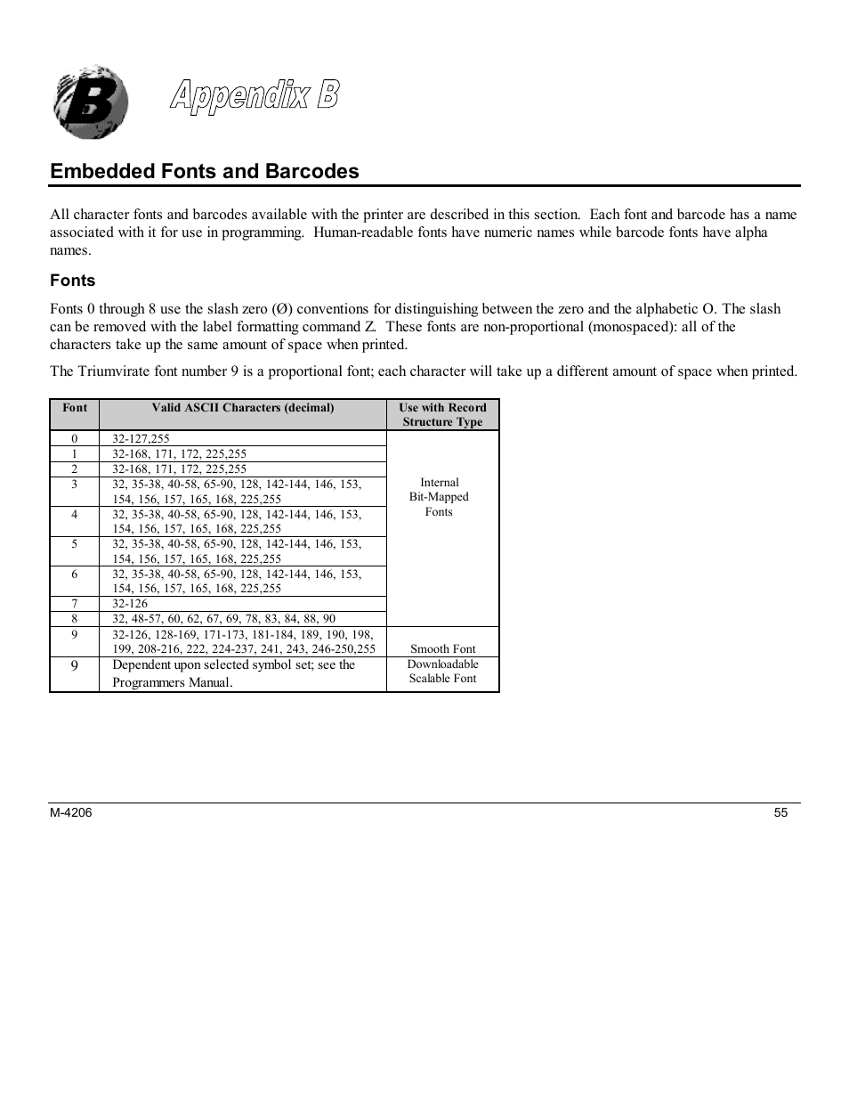 Appendix b, Embedded fonts and barcodes | Datamax M-Class Mark II M-4206 User Manual | Page 61 / 76
