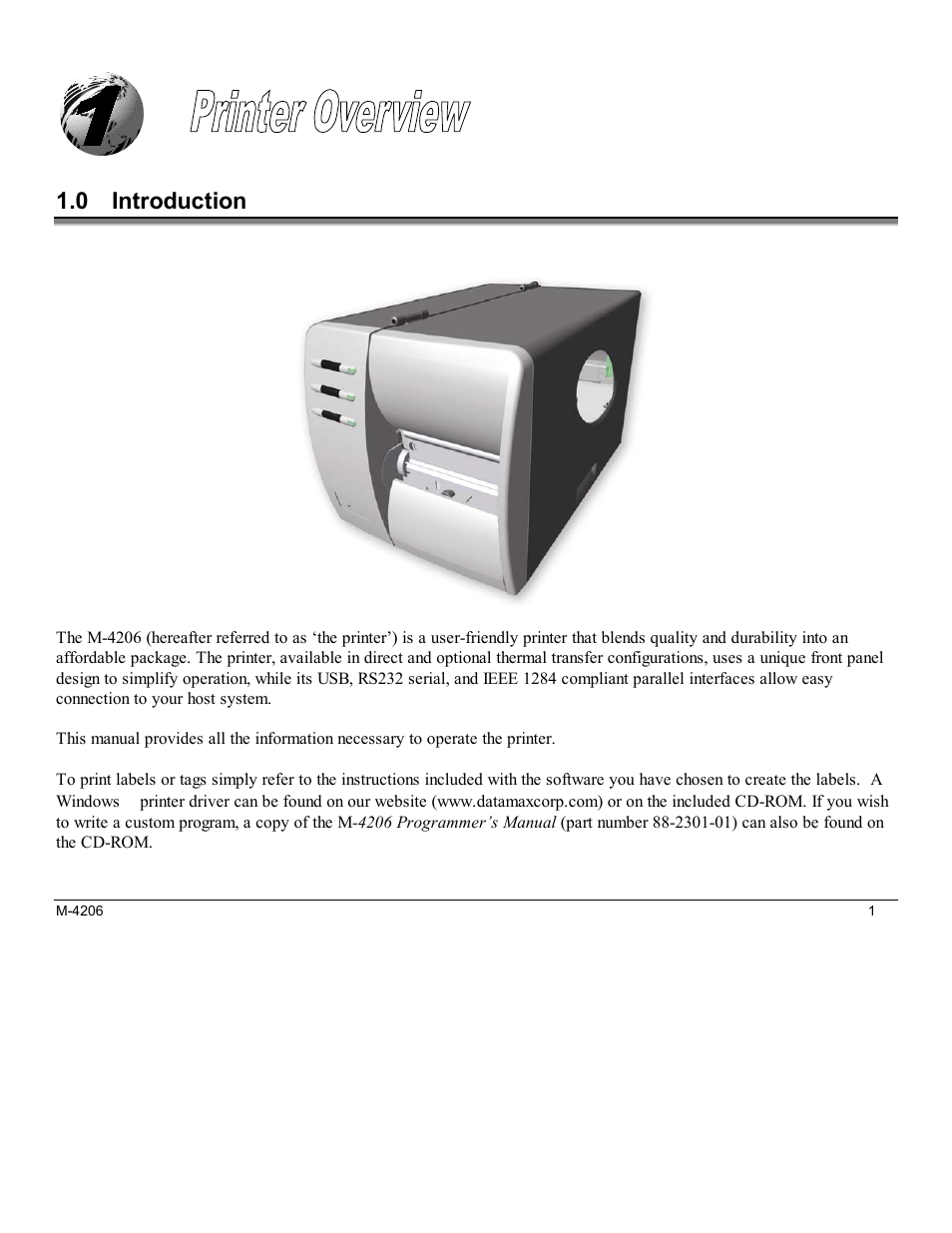 Printer overview, 0 introduction | Datamax M-Class Mark II M-4206 User Manual | Page 7 / 76