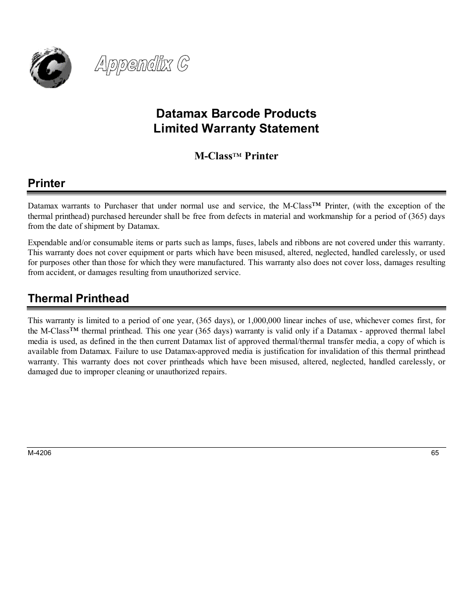 Appendix c, Limited warranty statement, Printer | Thermal printhead | Datamax M-Class Mark II M-4206 User Manual | Page 71 / 76