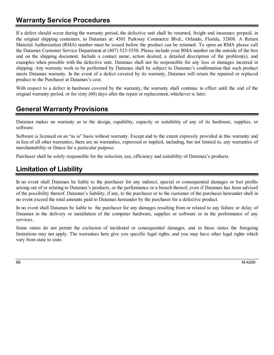 Warranty service procedures, General warranty provisions, Limitation of liability | Datamax M-Class Mark II M-4206 User Manual | Page 72 / 76