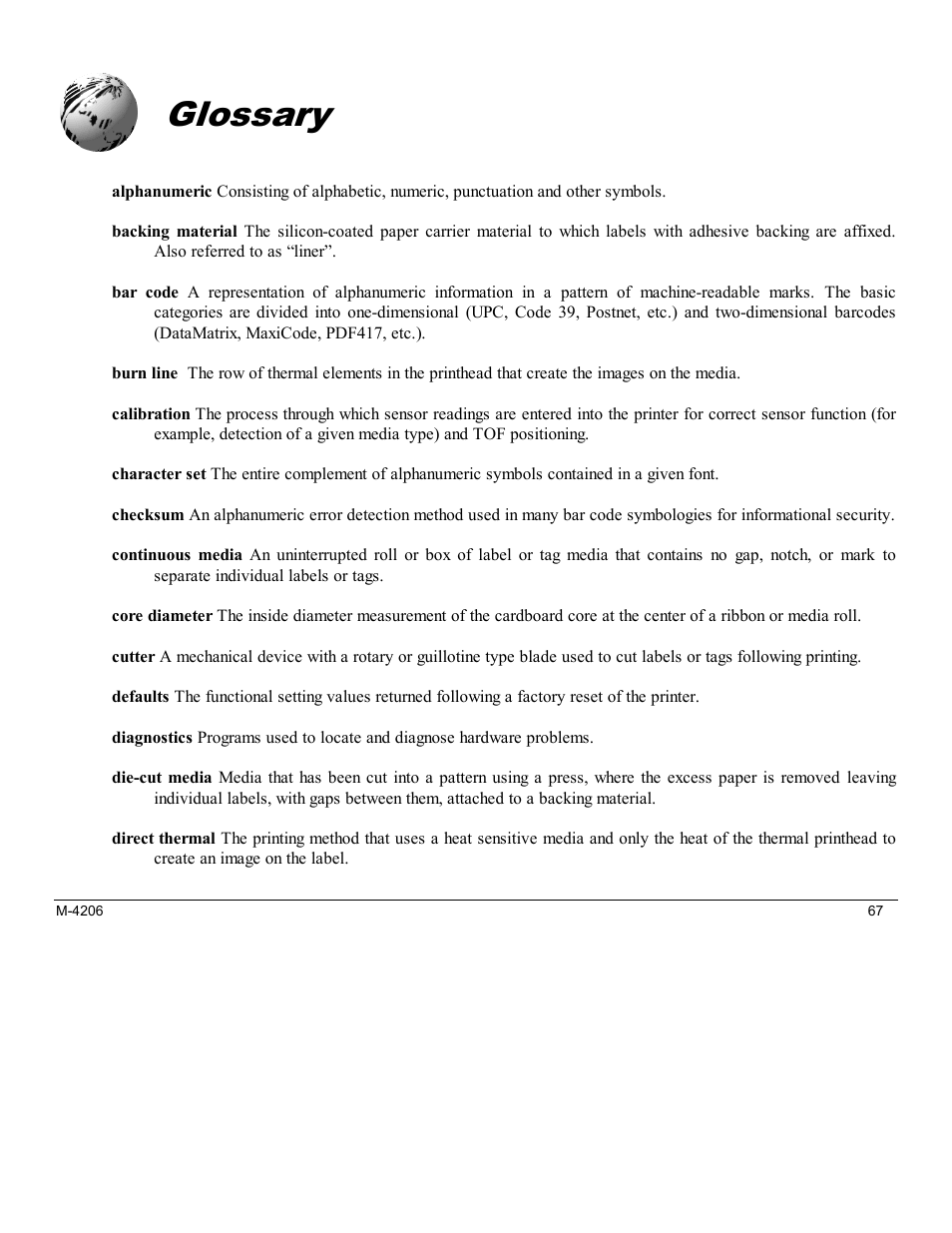 Glossary | Datamax M-Class Mark II M-4206 User Manual | Page 73 / 76