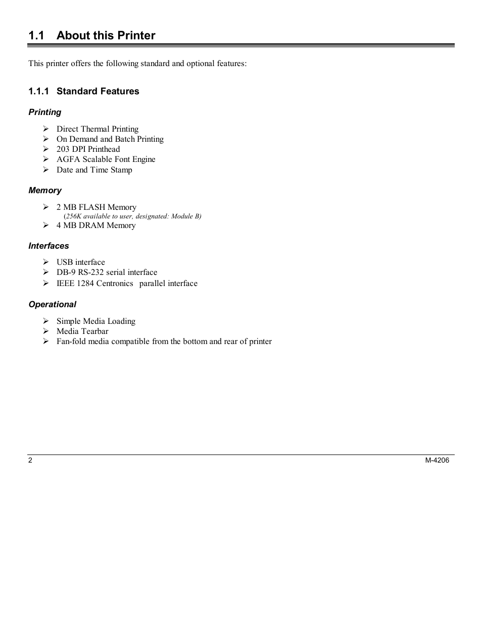 1 about this printer, 1 standard features | Datamax M-Class Mark II M-4206 User Manual | Page 8 / 76