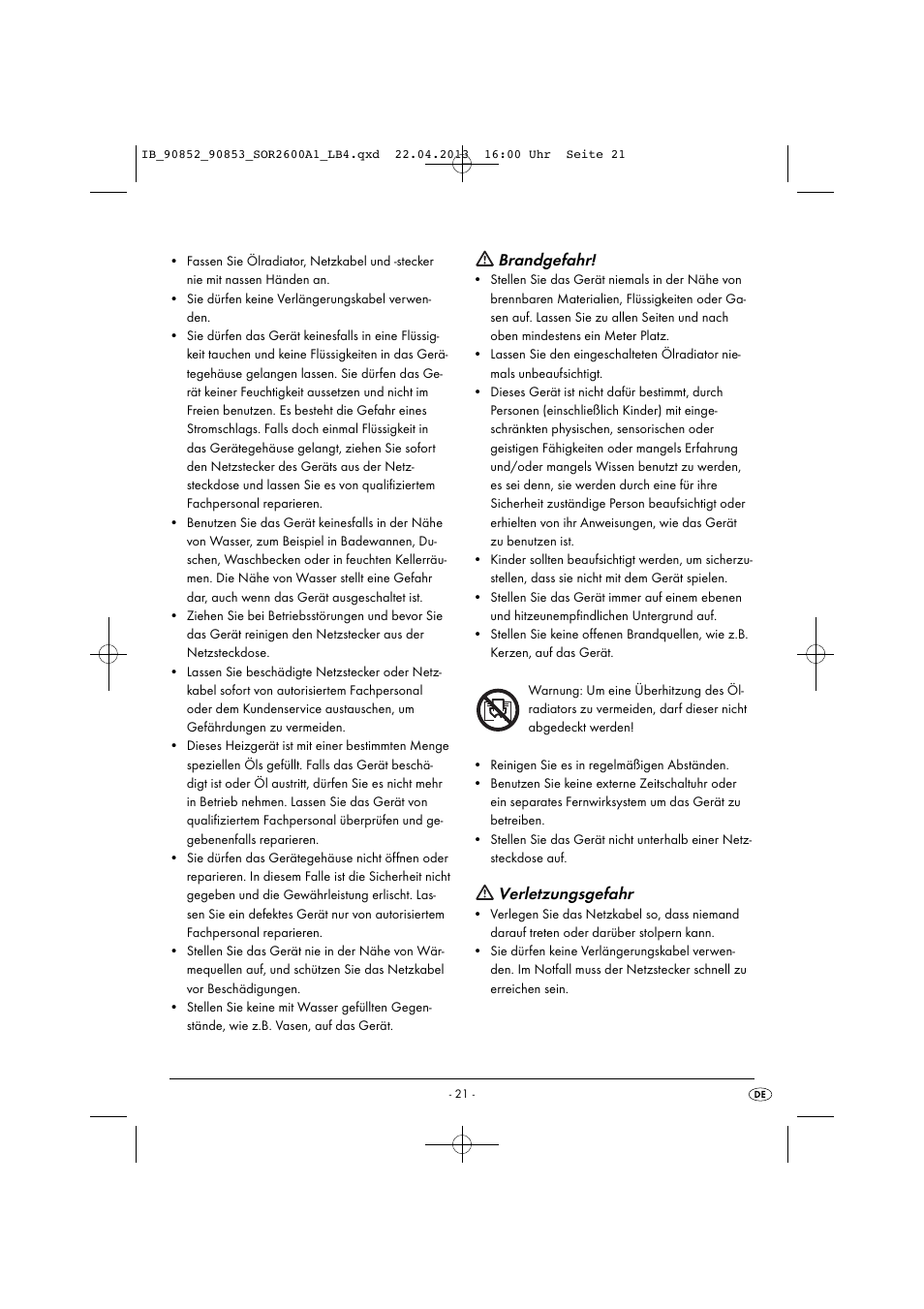 Brandgefahr, Verletzungsgefahr | Silvercrest SOR 2600 A1 User Manual | Page 24 / 28