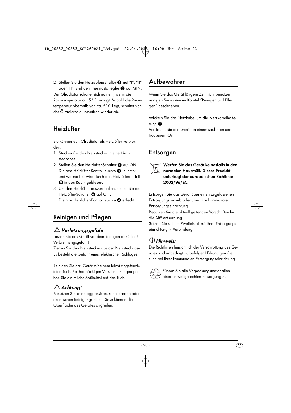 Heizlüfter, Reinigen und pflegen, Aufbewahren | Entsorgen | Silvercrest SOR 2600 A1 User Manual | Page 26 / 28