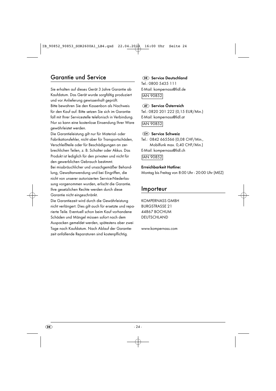 Garantie und service, Importeur | Silvercrest SOR 2600 A1 User Manual | Page 27 / 28