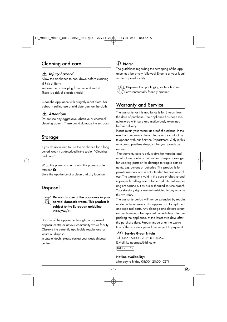 Cleaning and care, Storage, Disposal | Warranty and service | Silvercrest SOR 2600 A1 User Manual | Page 8 / 28