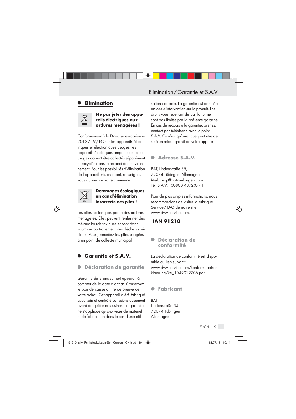 Elimination / garantie et s.a.v, Elimination, Garantie et s.a.v | Déclaration de garantie, Adresse s.a.v, Déclaration de conformité, Fabricant | Silvercrest Electrical Sockets User Manual | Page 19 / 37