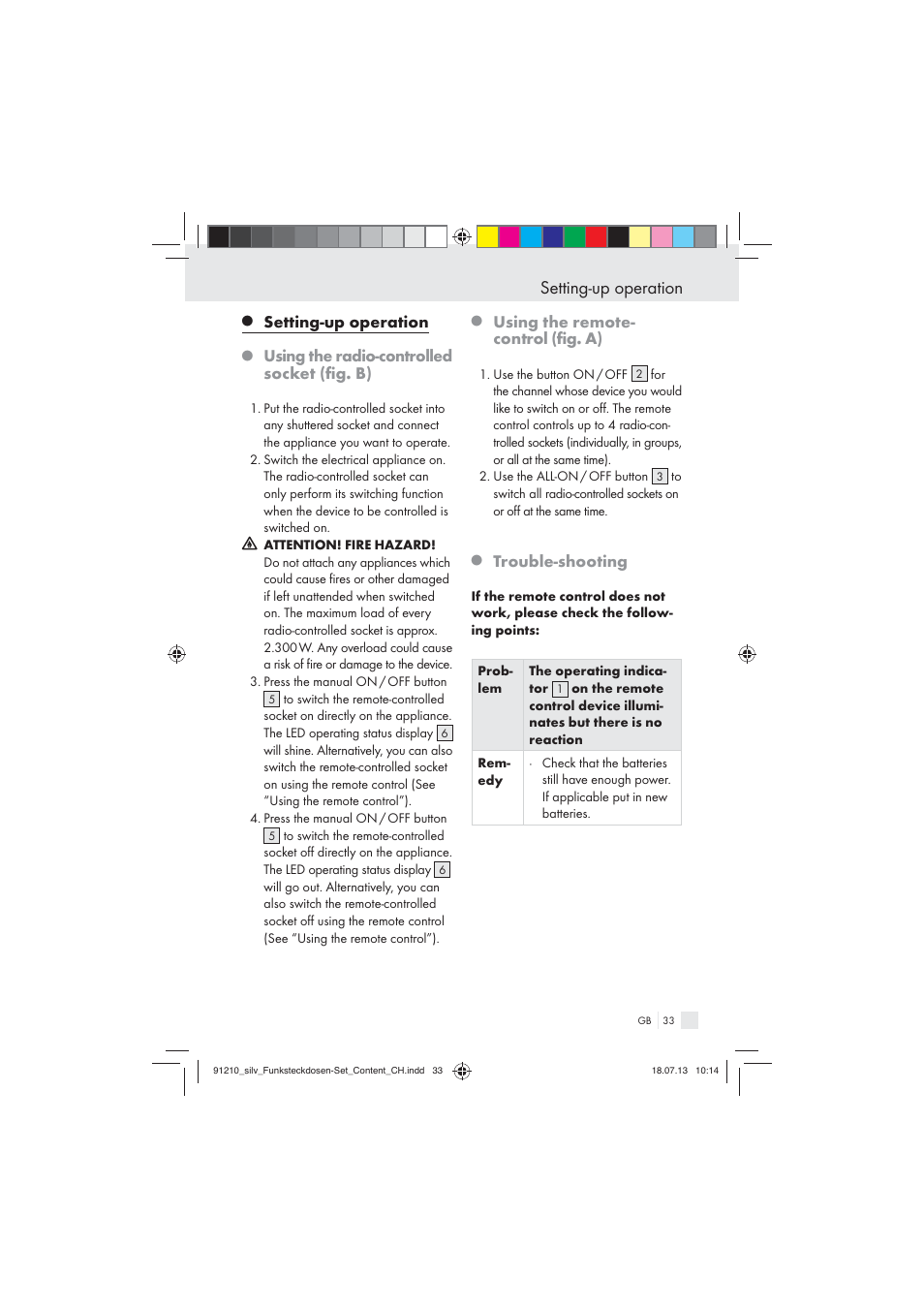 Setting-up operation, Using the radio-controlled socket (ﬁg. b), Using the remote- control (ﬁg. a) | Trouble-shooting | Silvercrest Electrical Sockets User Manual | Page 33 / 37