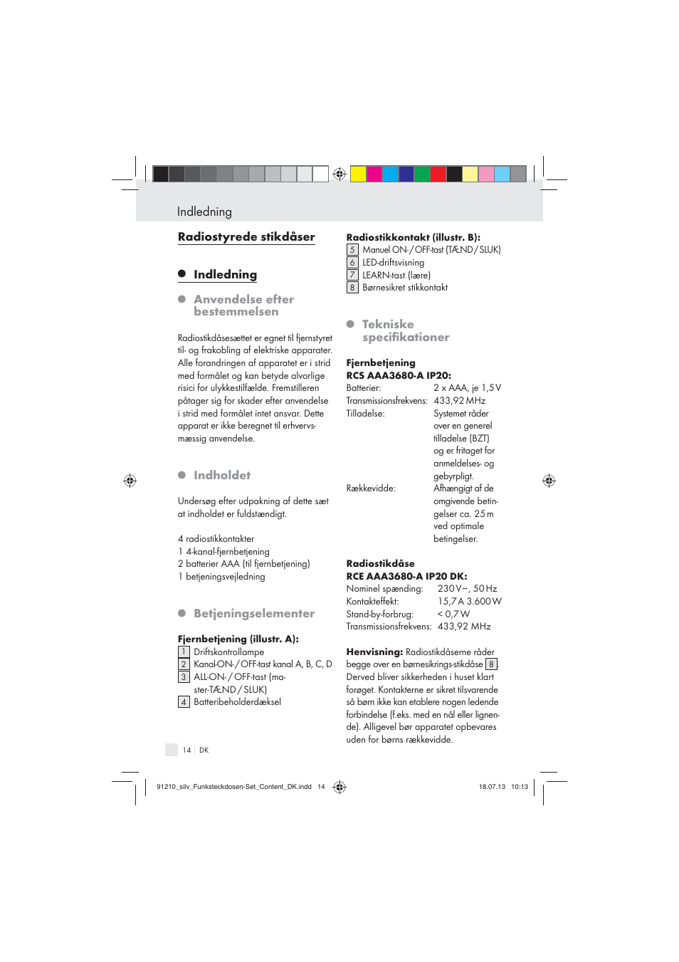 Indledning, Radiostyrede stikdåser, Anvendelse efter bestemmelsen | Indholdet, Betjeningselementer, Tekniske speciﬁkationer | Silvercrest Electrical Sockets User Manual | Page 14 / 21