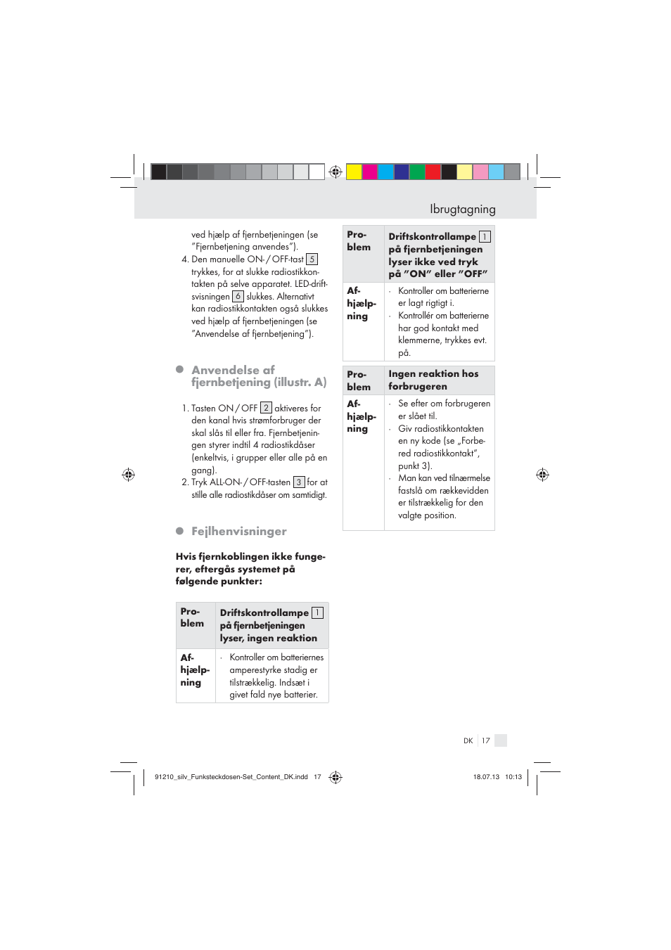 Ibrugtagning, Anvendelse af fjernbetjening (illustr. a), Fejlhenvisninger | Silvercrest Electrical Sockets User Manual | Page 17 / 21