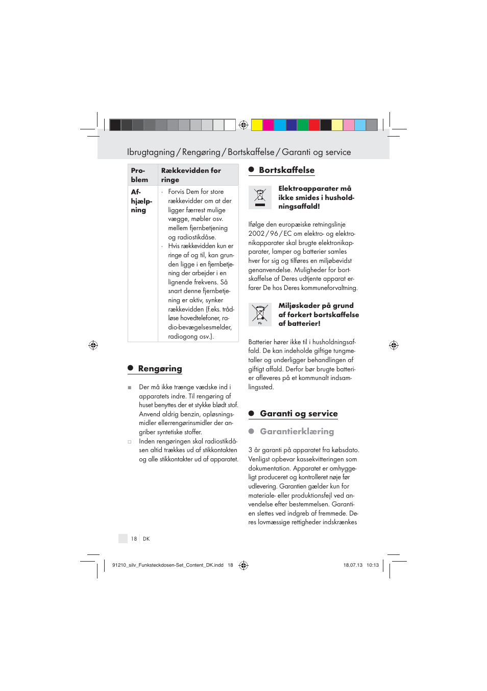 Rengøring, Bortskaﬀelse, Garanti og service | Garantierklæring | Silvercrest Electrical Sockets User Manual | Page 18 / 21