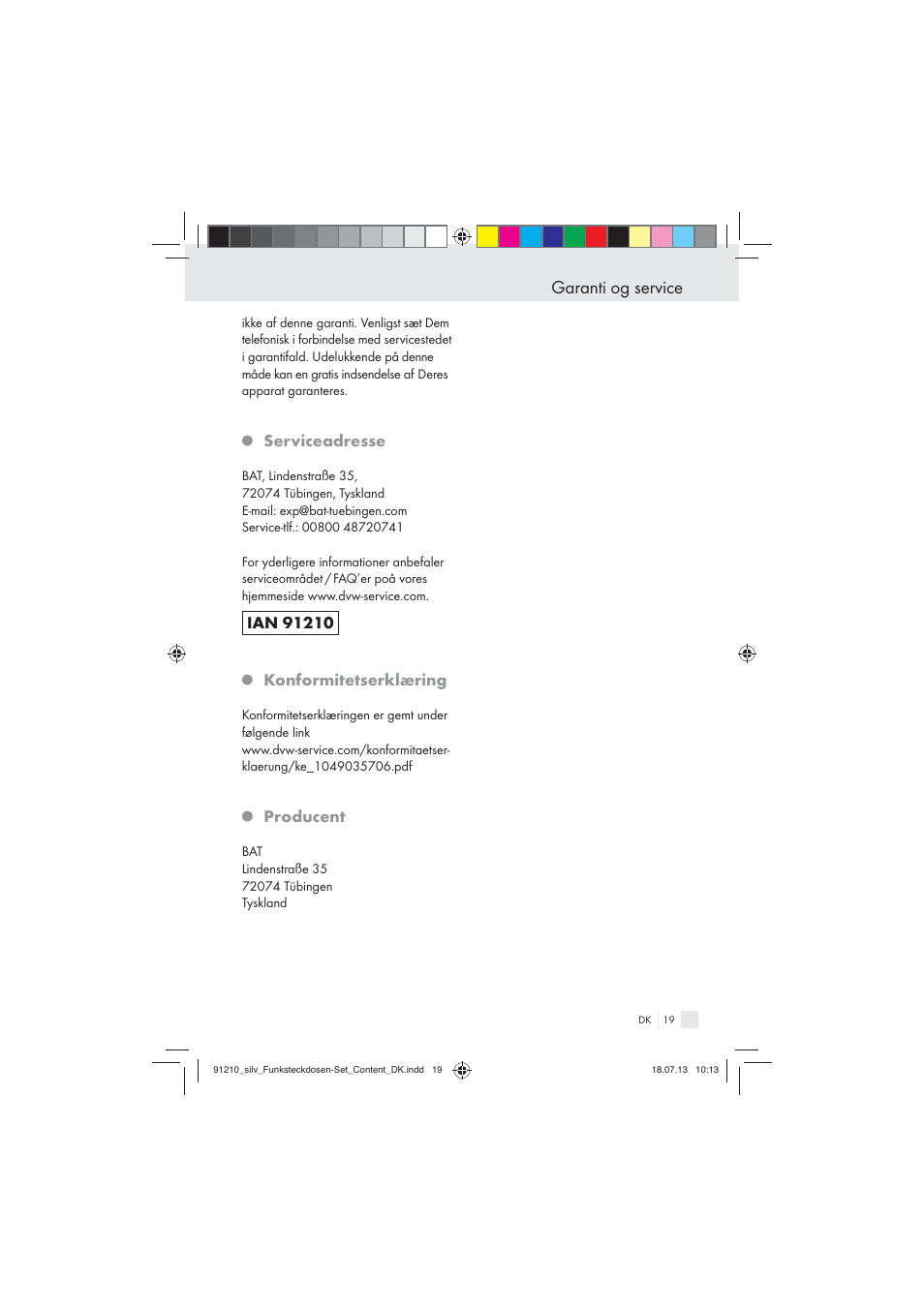 Garanti og service, Serviceadresse, Konformitetserklæring | Producent | Silvercrest Electrical Sockets User Manual | Page 19 / 21