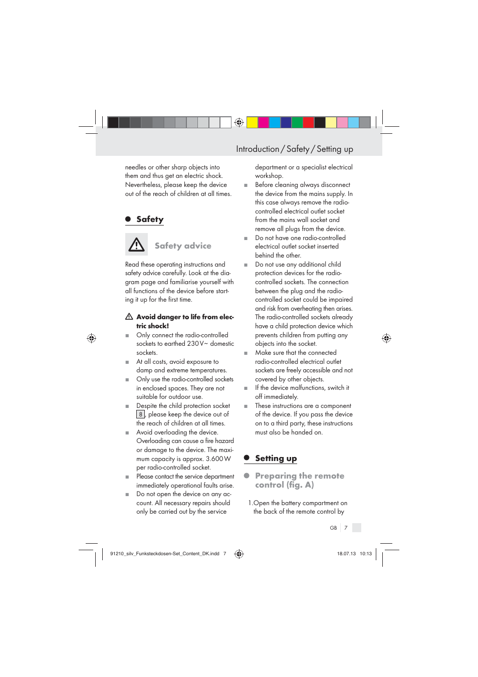 Introduction / safety / setting up, Safety, Safety advice | Setting up, Preparing the remote control (ﬁg. a) | Silvercrest Electrical Sockets User Manual | Page 7 / 21