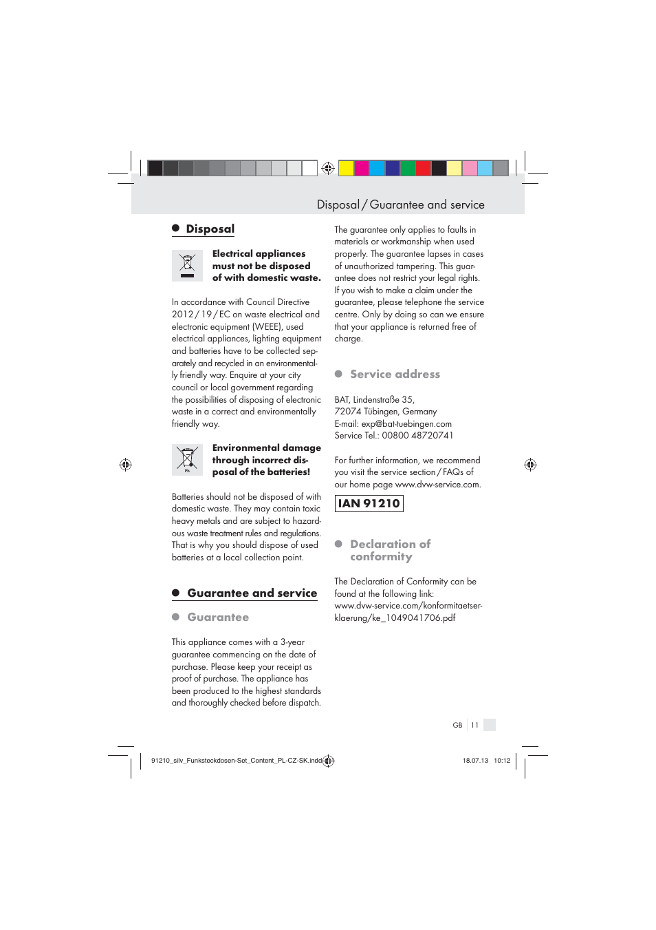 Disposal / guarantee and service, Disposal, Guarantee and service | Guarantee, Service address, Declaration of conformity | Silvercrest Electrical Sockets User Manual | Page 11 / 45