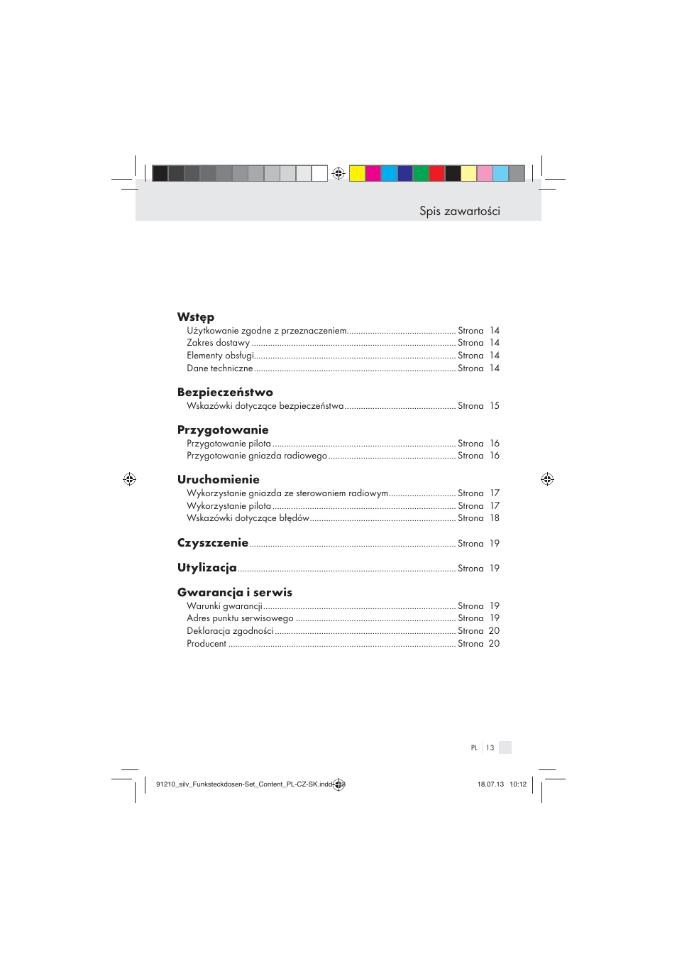 Spis zawartości, Wstęp, Bezpieczeństwo | Przygotowanie, Uruchomienie, Czyszczenie, Utylizacja, Gwarancja i serwis | Silvercrest Electrical Sockets User Manual | Page 13 / 45