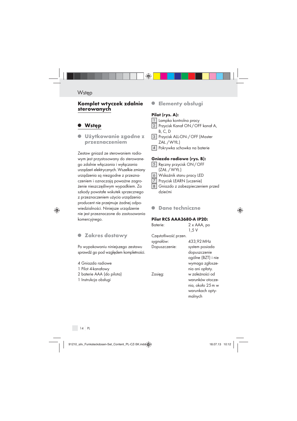 Wstęp, Komplet wtyczek zdalnie sterowanych, Użytkowanie zgodne z przeznaczeniem | Zakres dostawy, Elementy obsługi, Dane techniczne | Silvercrest Electrical Sockets User Manual | Page 14 / 45