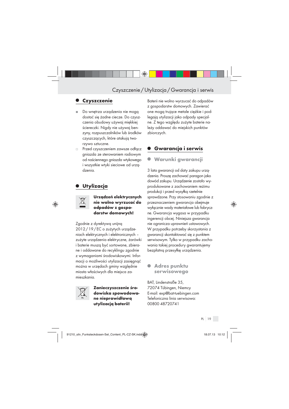 Czyszczenie / utylizacja / gwarancja i serwis, Czyszczenie, Utylizacja | Gwarancja i serwis, Warunki gwarancji, Adres punktu serwisowego | Silvercrest Electrical Sockets User Manual | Page 19 / 45
