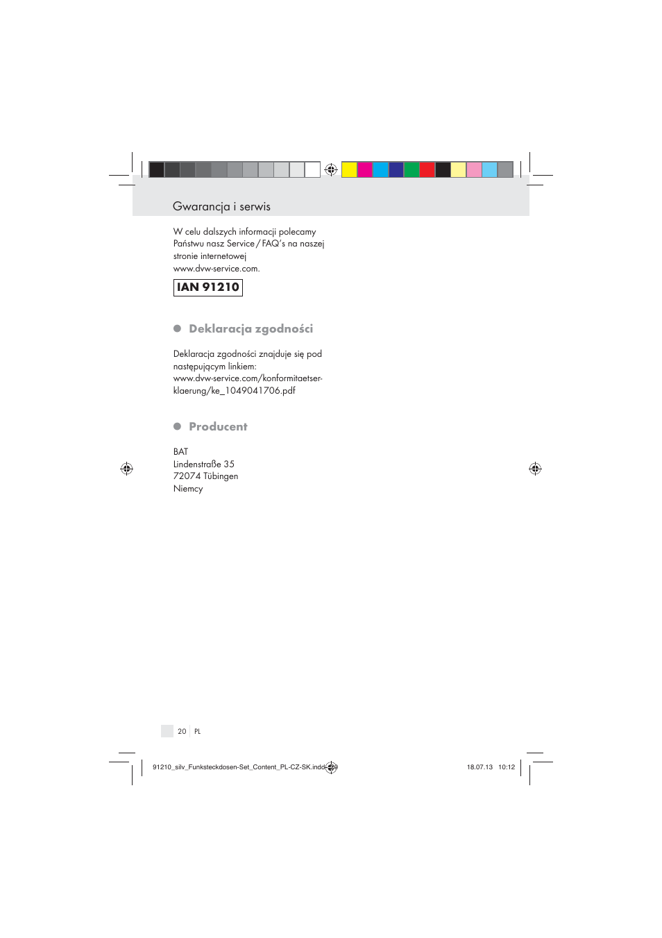 Gwarancja i serwis, Deklaracja zgodności, Producent | Silvercrest Electrical Sockets User Manual | Page 20 / 45