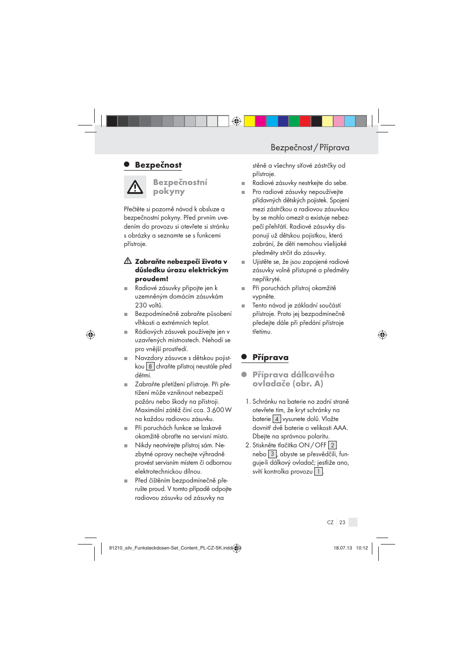 Bezpečnost / příprava, Bezpečnost, Bezpečnostní pokyny | Příprava, Příprava dálkového ovladače (obr. a) | Silvercrest Electrical Sockets User Manual | Page 23 / 45